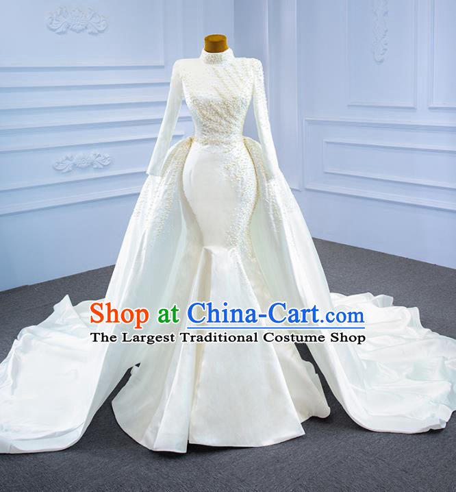 Custom Marriage Bride White Satin Fishtail Full Dress Catwalks Formal Costume Compere Vintage Clothing Luxury Wedding Dress Ceremony Garment