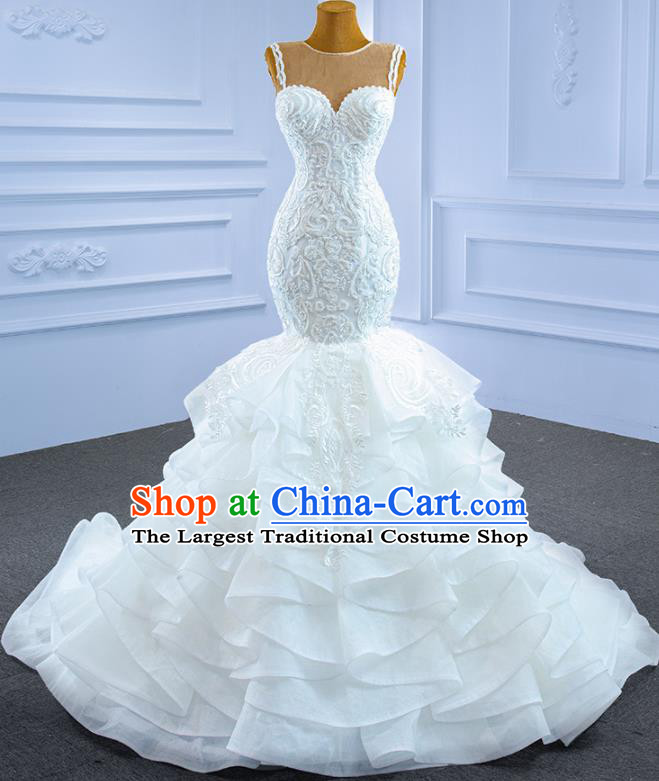 Custom Stage Show Costume Compere Clothing Vintage Luxury Fishtail Wedding Dress Ceremony Formal Garment Bride Embroidery Lace Full Dress