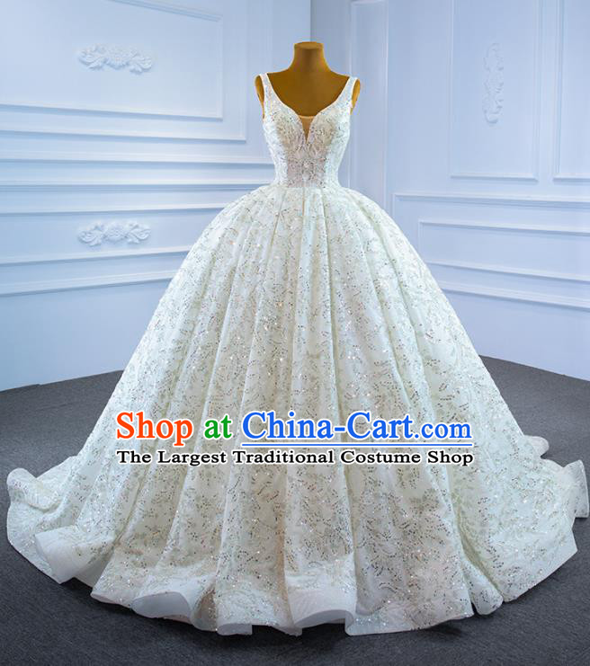 Custom Ceremony Embroidery Sequins Garment Marriage Bride White Trailing Full Dress Catwalks Formal Costume Compere Vintage Clothing Luxury Wedding Dress