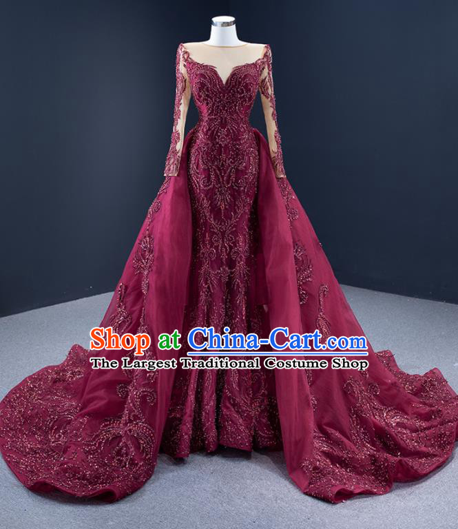 Custom Catwalks Formal Costume Compere Vintage Clothing Luxury Wedding Dress Ceremony Embroidery Sequins Garment Marriage Bride Wine Red Full Dress