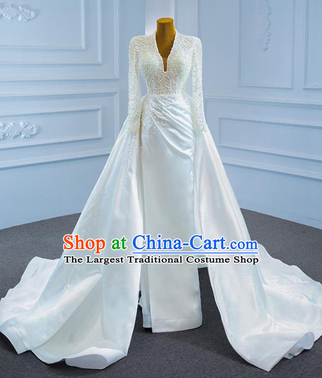 Custom Compere Embroidery Pearls Garment Marriage Bride Full Dress Catwalks Formal Costume Ceremony Vintage Clothing Luxury White Satin Trailing Wedding Dress