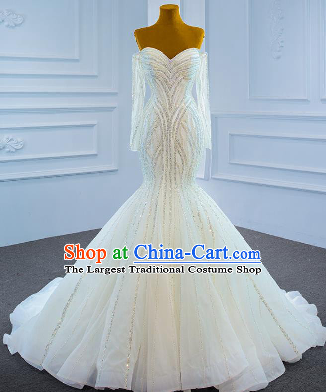 Custom Ceremony Vintage Clothing Luxury Wedding Dress Compere Garment Marriage Bride White Fishtail Full Dress Catwalks Formal Costume