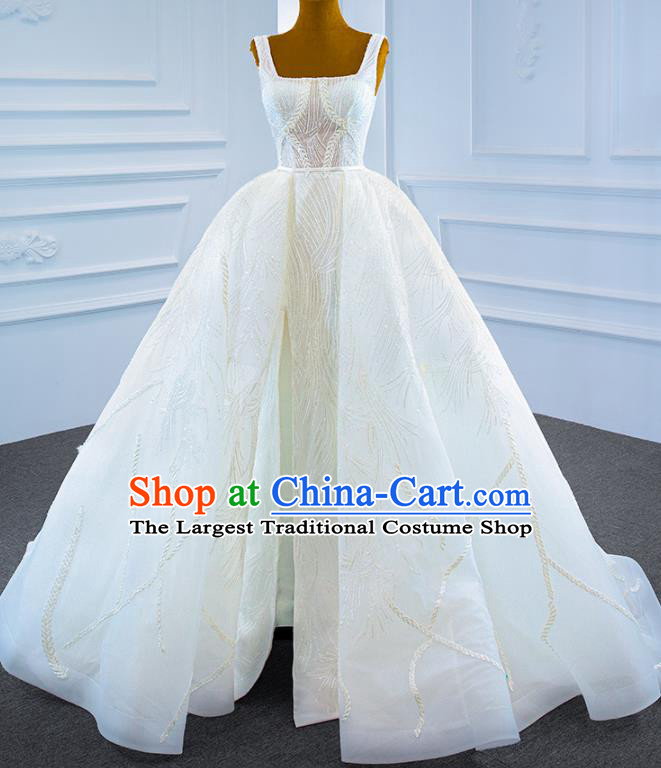 Custom Marriage Bride White Trailing Full Dress Catwalks Formal Costume Ceremony Vintage Clothing Luxury Wedding Dress Compere Garment