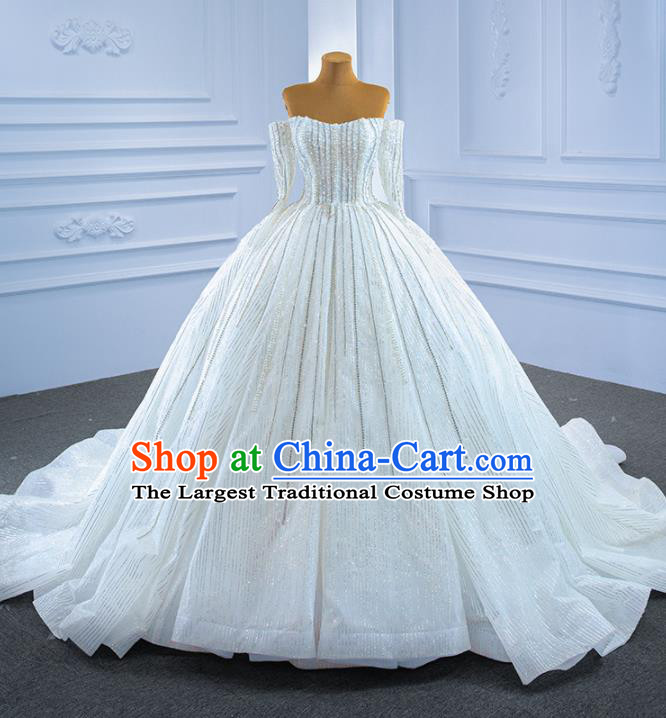 Custom Bride Embroidery Pearls Full Dress Catwalks Costume Compere Stage Clothing Vintage Luxury Trailing Wedding Dress Marriage Ceremony Formal Garment