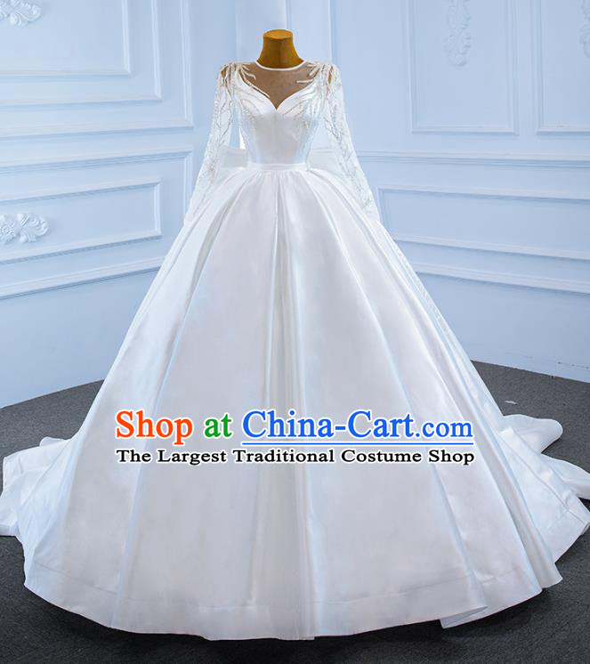 Custom Compere Formal Garment Marriage Bride Trailing Full Dress Catwalks Princess Costume Ceremony Vintage Clothing Luxury White Satin Wedding Dress