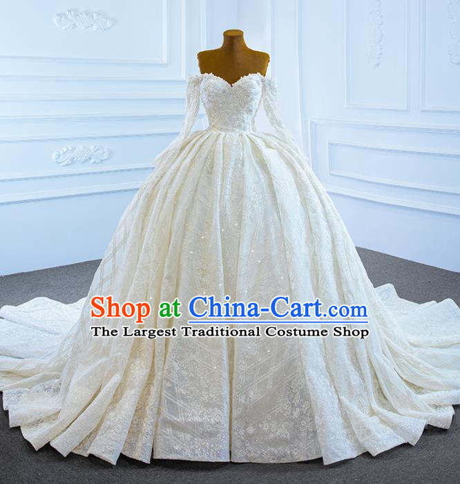 Custom Bride Beige Trailing Full Dress Catwalks Princess Costume Ceremony Compere Clothing Luxury Embroidery Pearls Wedding Dress Vintage Formal Garment