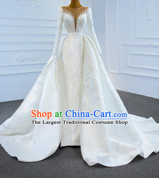 Custom Luxury Embroidery Pearls Wedding Dress Vintage Formal Garment Bride White Satin Full Dress Catwalks Princess Costume Ceremony Compere Clothing