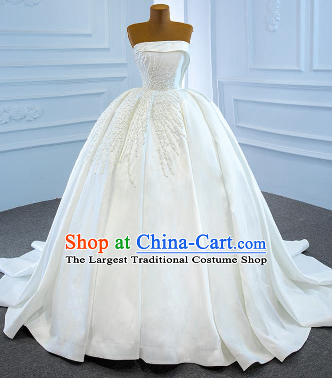 Custom Bride Embroidery Pearls Full Dress Catwalks Princess Costume Ceremony Compere Clothing Luxury White Satin Wedding Dress Vintage Formal Garment