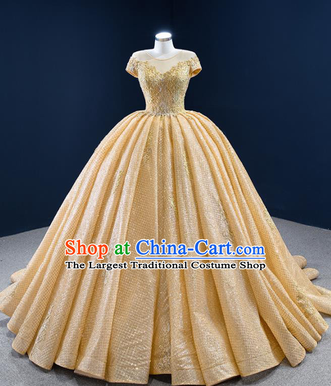 Custom Catwalks Princess Costume Ceremony Compere Clothing Luxury Trailing Wedding Dress Vintage Formal Garment Bride Embroidery Yellow Full Dress