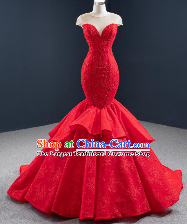 Custom Compere Luxury Red Fishtail Full Dress Catwalks Princess Costume Vintage Bride Clothing Wedding Dress Marriage Embroidery Formal Garment