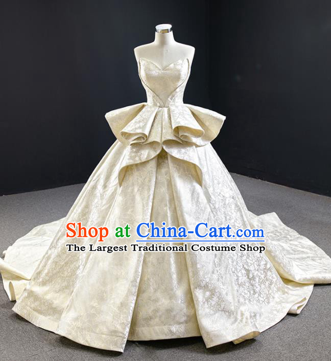 Custom Vintage Bride Clothing Champagne Satin Wedding Dress Compere Formal Garment Marriage Luxury Trailing Full Dress Catwalks Princess Costume