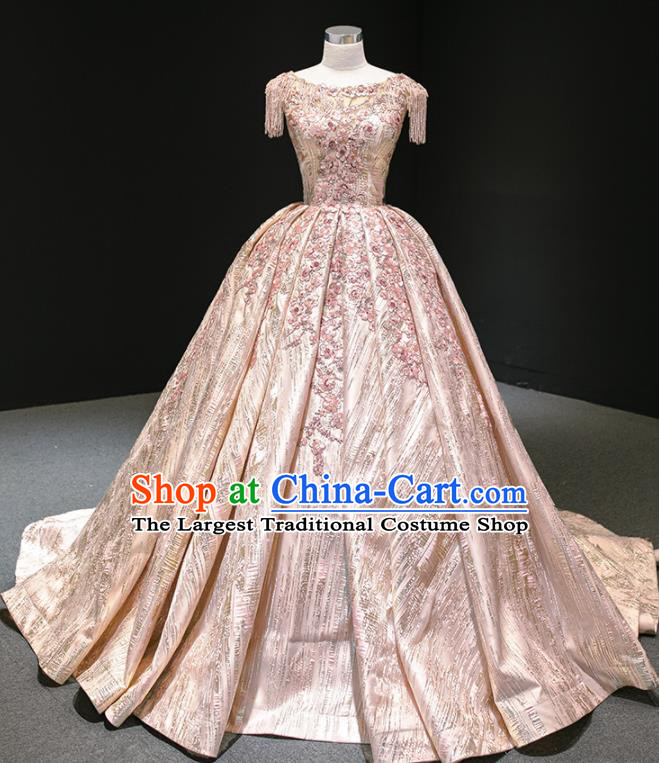 Custom Marriage Luxury Trailing Full Dress Catwalks Princess Costume Vintage Bride Clothing Embroidery Pink Wedding Dress Compere Formal Garment