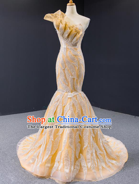 Custom Vintage Bride Clothing Luxury Yellow Wedding Dress Compere Formal Garment Marriage Fishtail Full Dress Catwalks Princess Costume