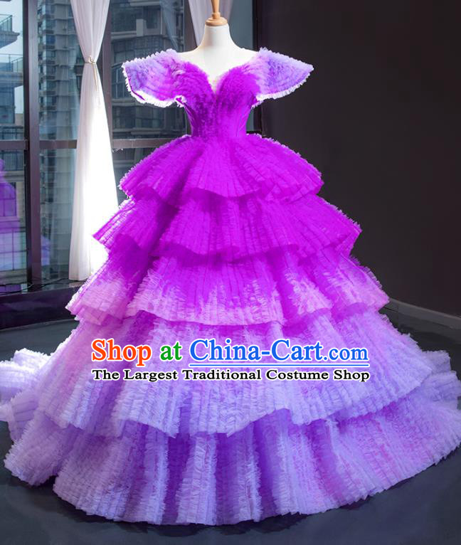 Custom Court Purple Trailing Full Dress European Princess Costume Vintage Bride Clothing Luxury Wedding Dress Compere Formal Garment