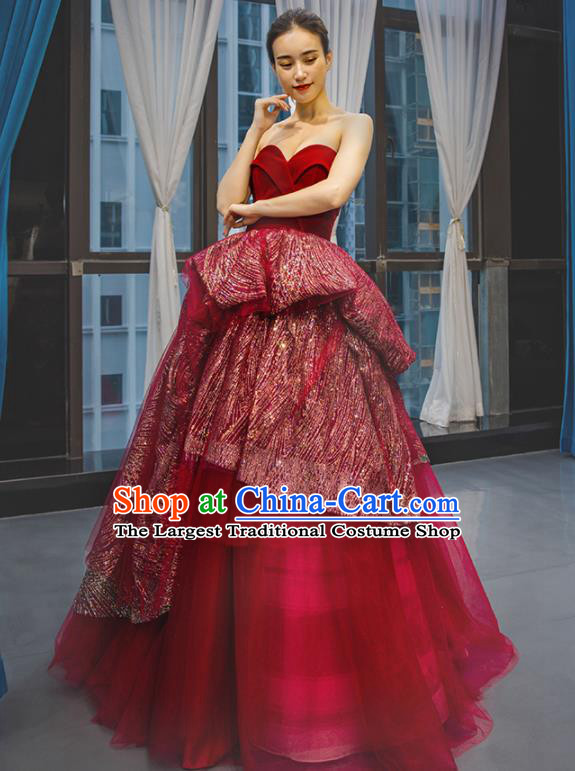 Custom Bride Clothing Luxury Red Wedding Dress Compere Formal Garment Court Vintage Full Dress European Queen Costume