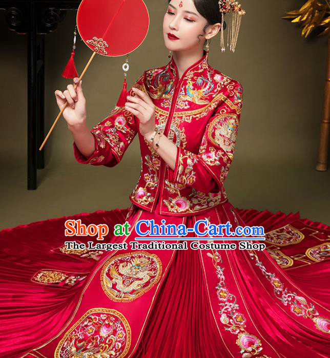 China Traditional Xiuhe Suits Embroidery Bridal Attire Clothing Wedding Garment Costumes Bride Toasting Red Dress Outfits