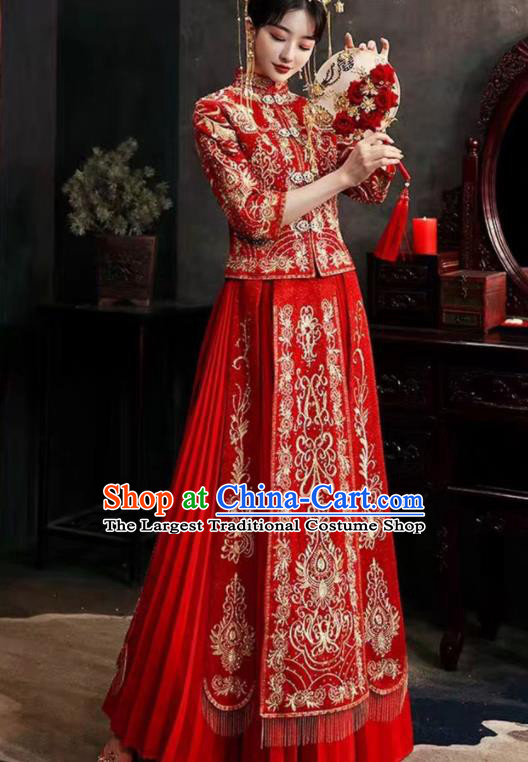 China Bride Toasting Red Dress Outfits Traditional Diamante Xiuhe Suits Embroidery Bridal Attire Clothing Wedding Garment Costumes