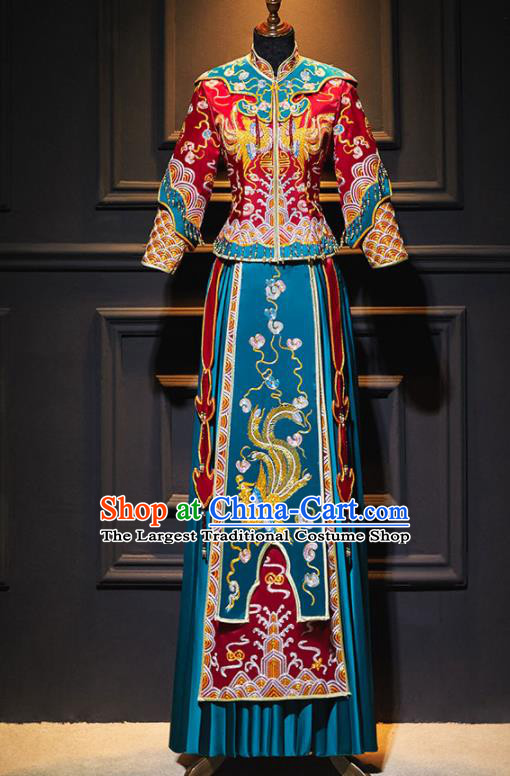 China Wedding Garment Costumes Bride Toasting Dress Outfits Traditional Blue Xiuhe Suits Embroidery Bridal Attire Clothing