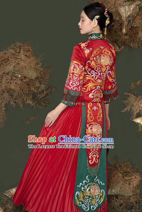 China Bride Dress Outfits Traditional Red Xiuhe Suits Embroidery Dragon Phoenix Bridal Attire Clothing Wedding Toasting Garment Costumes