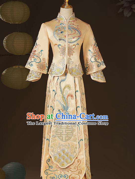 China Wedding Diamante Garment Costumes Bride Dress Outfits Traditional Champagne Xiuhe Suits Embroidery Bridal Attire Clothing