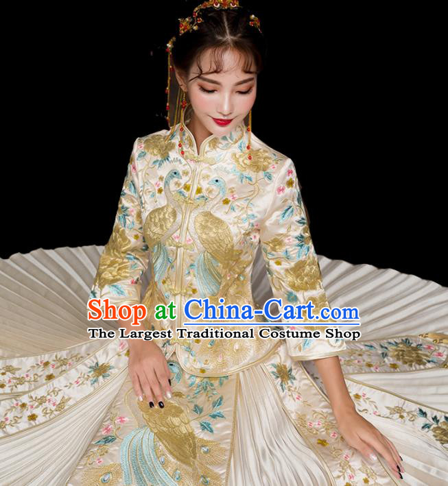 China Ancient Bride Attire Clothing Wedding Garment Costumes Champagne Dress Outfits Traditional Embroidery Xiuhe Suits