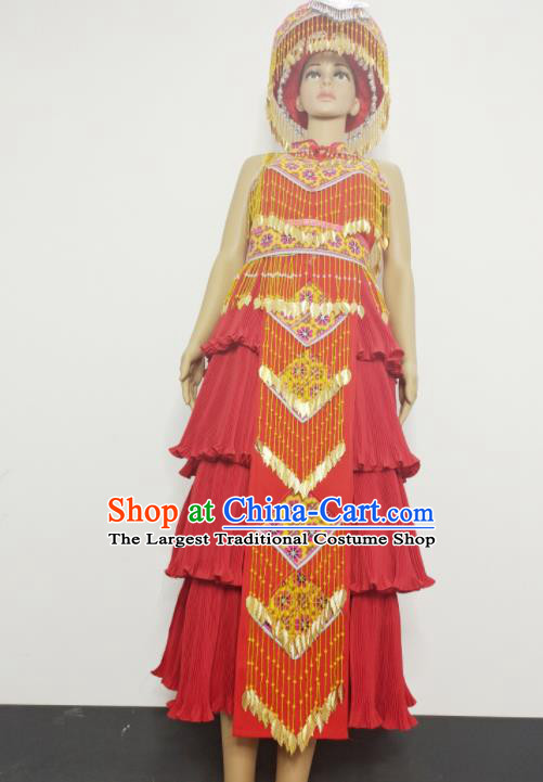 China Ethnic Photography Clothing Traditional Hmong Dance Red Dress Outfits Yunnan Minority Bride Garments Miao Nationality Wedding Costumes