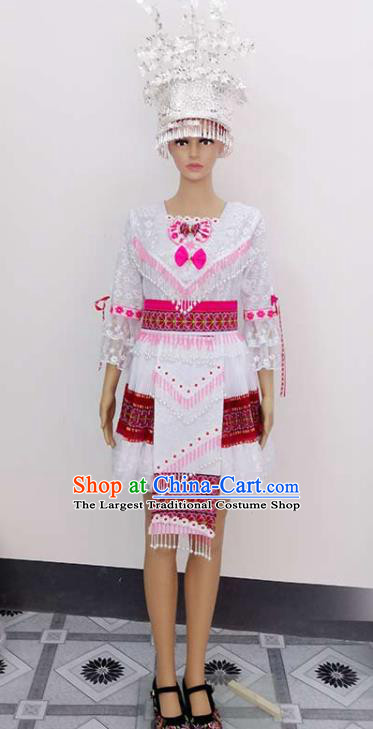 China Traditional Hmong Festival White Dress Outfits Yunnan Minority Woman Garments Miao Nationality Folk Dance Costumes Ethnic Performance Clothing