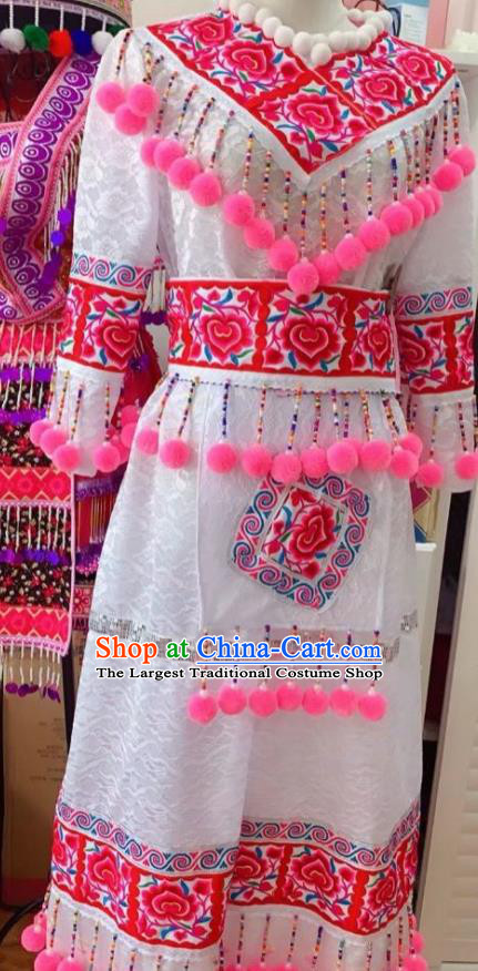 China Ethnic Clothing Traditional Hmong Folk Dance White Dress Outfits Yunnan Minority Performance Garments Miao Nationality Bride Costumes