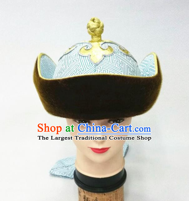 China Ancient Yuan Dynasty King Headwear Handmade Male Light Blue Satin Hat Mongolian Nationality Wedding Headdress