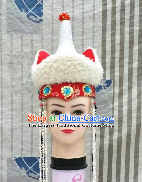 Chinese Ethnic Stage Performance Headdress Mongol Nationality Bride Tassel Red Hat Mongolian Minority Wedding Hair Accessories