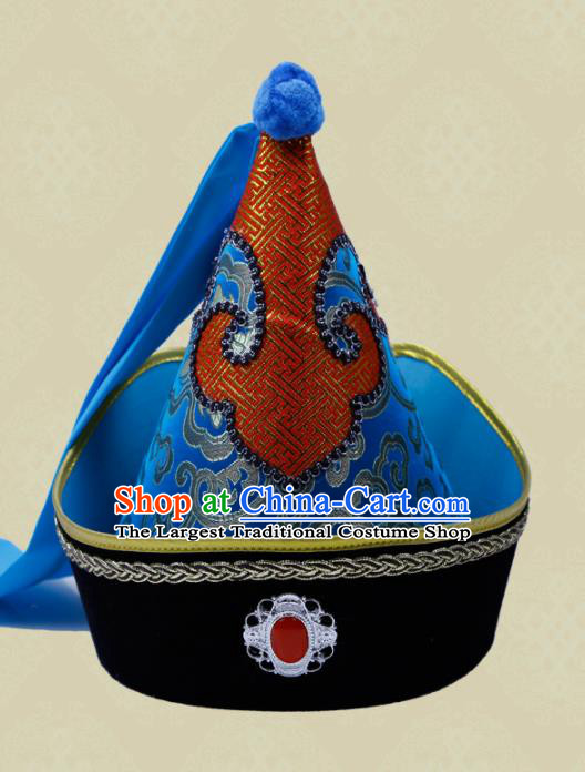 China Mongol Nationality Royal Highness Headwear Handmade Folk Dance Blue Satin Hat Mongolian Nationality Wedding Headdress