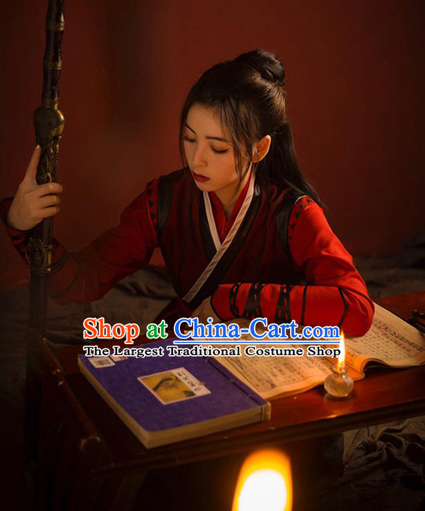 China Ancient Swordswoman Red Clothing Ming Dynasty Chivalrous Female Knight Hanfu Dress Drama The Legend of Fei Zhou Fei Replica Garments