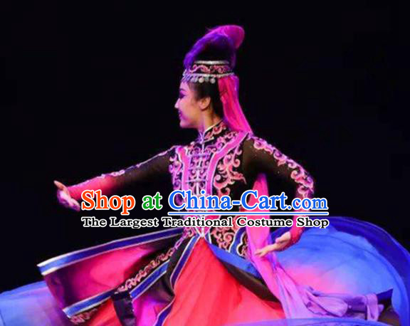 Chinese Uyghur Nationality Woman Dance Clothing Traditional Xinjiang Ethnic Stage Performance Rosy Dress Outfits Uighur Minority Dance Apparels