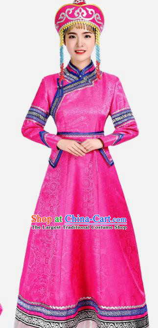 China Mongolian Nationality Performance Costume Ethnic Rosy Brocade Dress Mongol Minority Fashion Woman Folk Dance Clothing