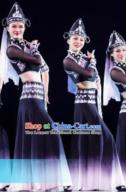 Chinese Dai Minority Folk Dance Apparels Tai Nationality Woman Dance Clothing Traditional Ethnic Performance Black Dress Outfits