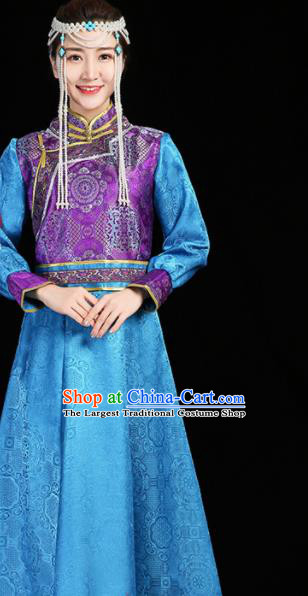 China Folk Dance Clothing Mongolian Nationality Woman Informal Costume Ethnic Performance Blue Dress Mongol Minority Compere Fashion