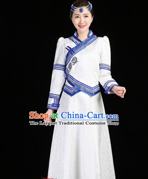 China Mongolian Performance Clothing Moggol Nationality Female Informal Costume Ethnic Folk Dance White Dress Mongol Minority Fashion