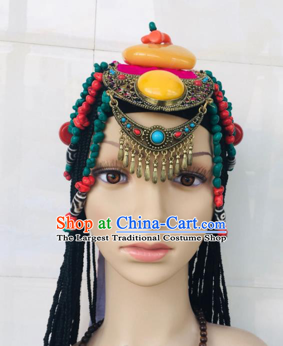 China Xizang Ethnic Festival Beeswax Headdress Zang Nationality Folk Dance Hair Accessories Tibetan Minority Wedding Braids Hairpieces