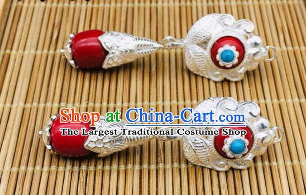 Chinese Classical Dance Silver Ear Accessories Traditional Tibetan Nationality Festival Earrings Zang Minority Wedding Bride Ear Jewelry