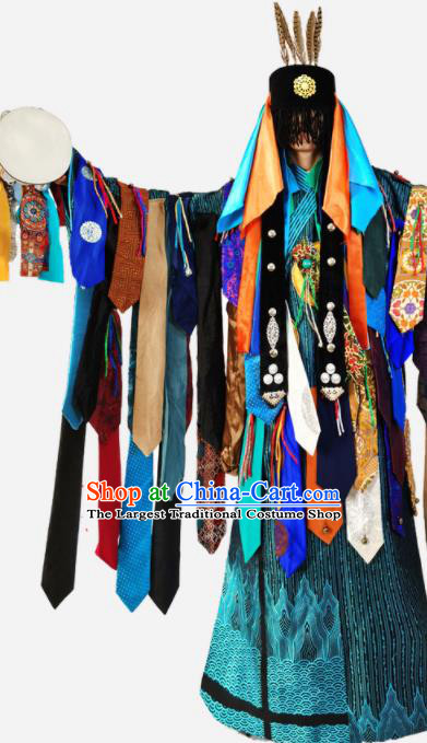 Chinese Traditional Shaman Performance Blue Robe Outfits Mongol Minority Religious Ceremony Apparels Mongolian Ethnic Fiesta Clothing and Headpieces