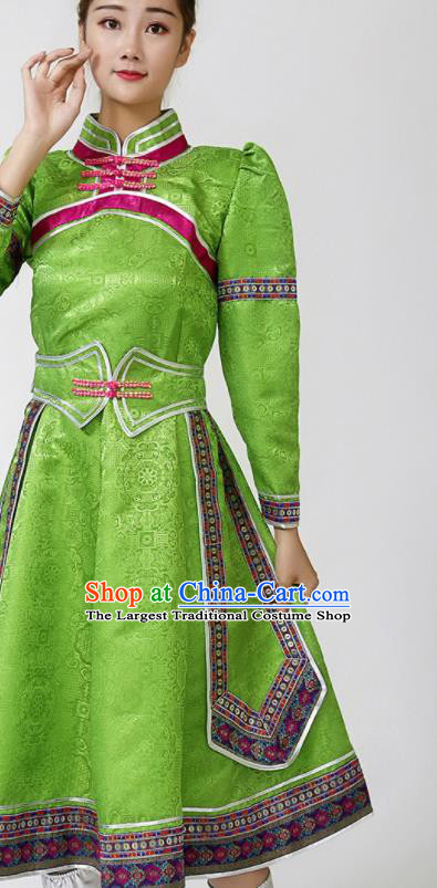 China Mongolian Performance Clothing Moggol Nationality Ceremony Costume Ethnic Folk Dance Green Dress Mongol Minority Female Outfits