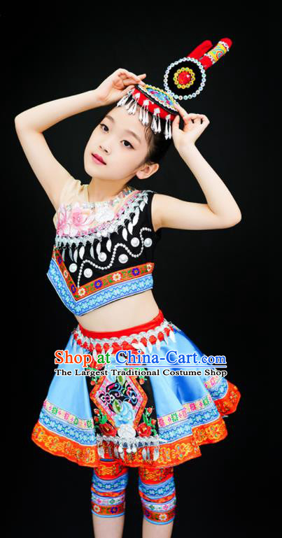 Chinese She Minority Children Dance Clothing Ethnic Girl Dance Costumes Tujia Nationality Stage Performance Blue Dress Outfits