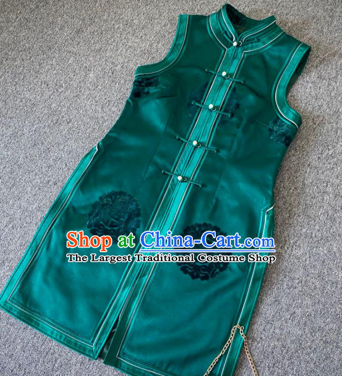 Chinese Ethnic Performance Waistcoat Mongolian Woman Upper Outer Garment Mongol Nationality Green Brocade Long Vest