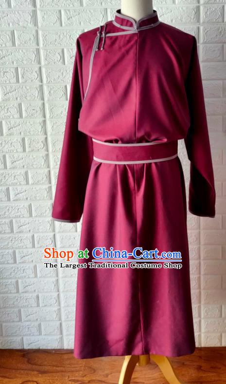 Chinese Mongolian Ethnic Clothing Traditional Wine Red Mongolian Robe Mongol Minority Male Garment Costume