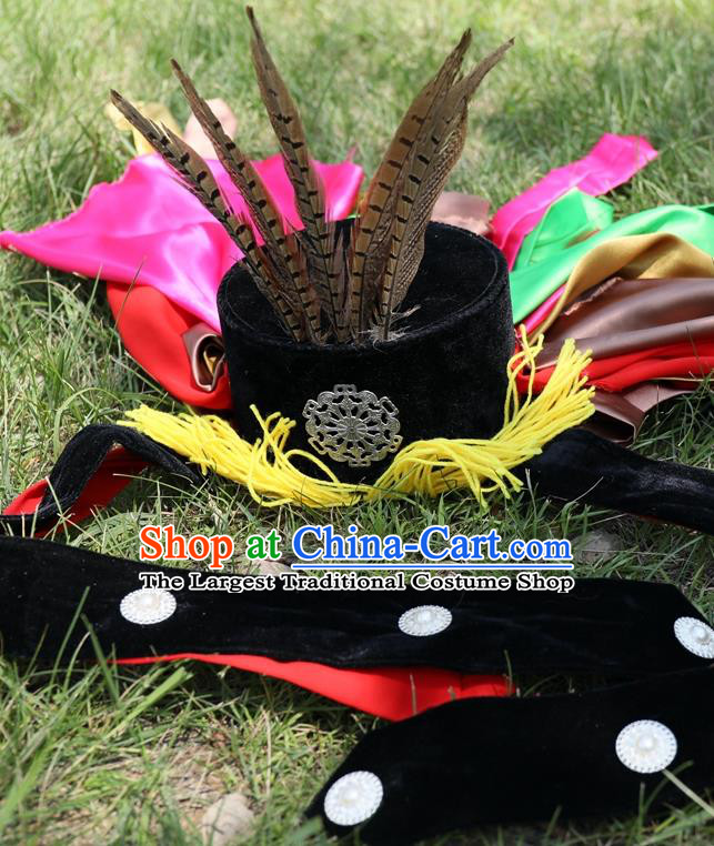 China Mongol Shaman Master Headwear Handmade Ethnic Stage Performance Feather Hat Mongolian Nationality Fiesta Hair Accessories