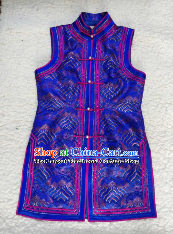 Chinese Mongol Minority Woman Garment Costume Mongolian Ethnic Clothing Traditional Royalblue Brocade Vest