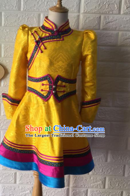 Chinese Mongolian Festival Dress Garment Mongol Nationality Girl Yellow Brocade Robe Ethnic Children Clothing