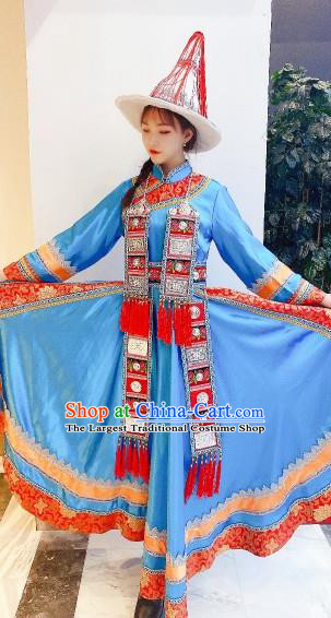 Chinese Traditional Yugu Nationality Woman Blue Dress Outfits Yugur Minority Garment Costumes Sunan Ethnic Folk Dance Clothing