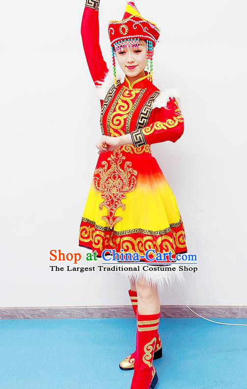 Chinese Mongolian Minority Woman Garment Costumes Ethnic Folk Dance Clothing Traditional Mongol Nationality Performance Red Dress Outfits