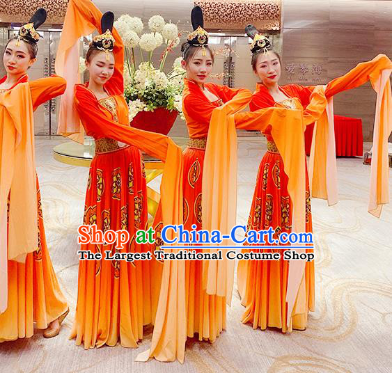 China Women Group Dance Clothing Classical Dance Water Sleeve Dress Stage Performance Red Outfits Hanfu Dance Costumes